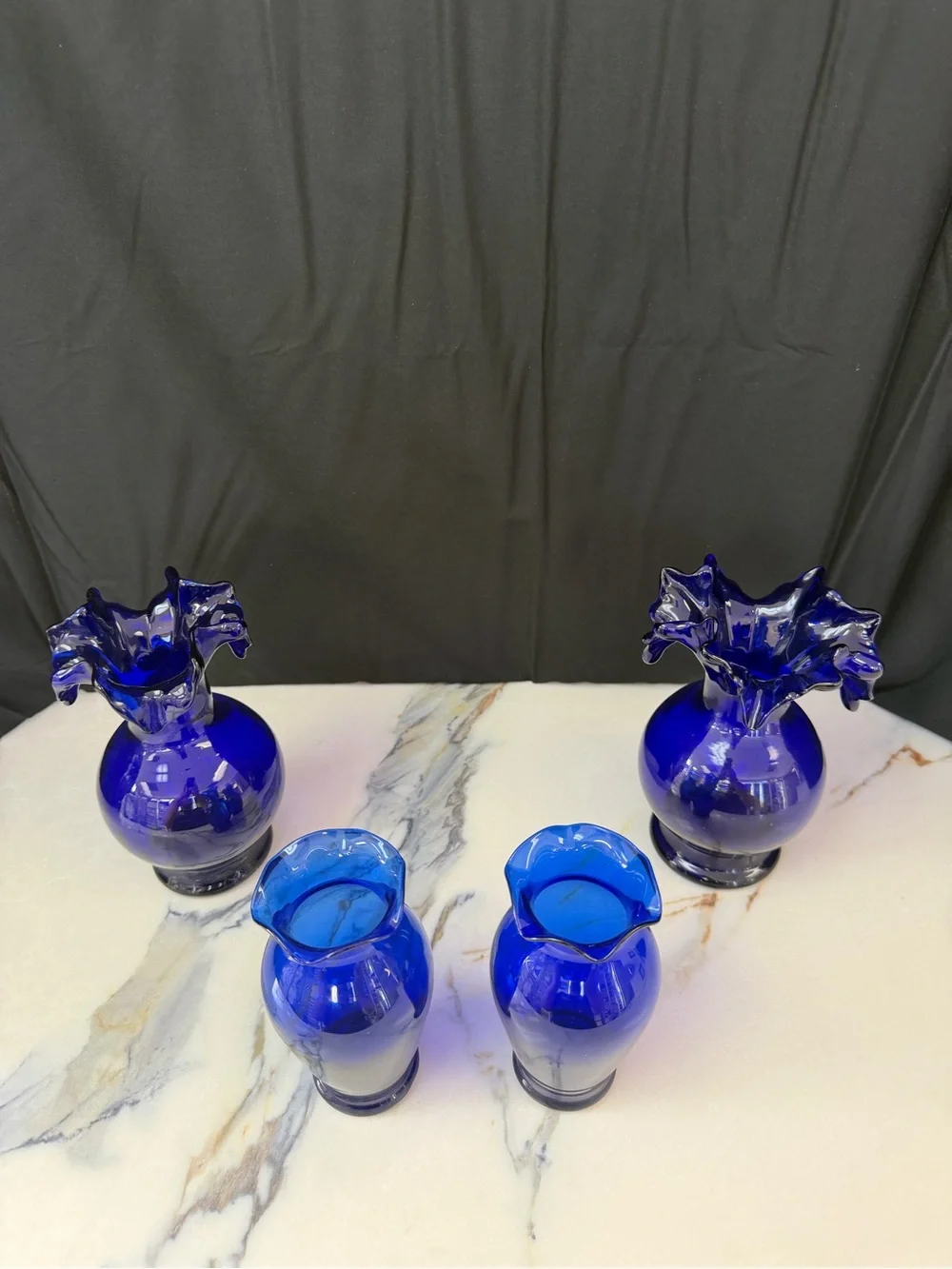 Vintage Cobalt Blue Art Glass Vase Set - 4 Piece Ruffled & Crimped Vase Bundle